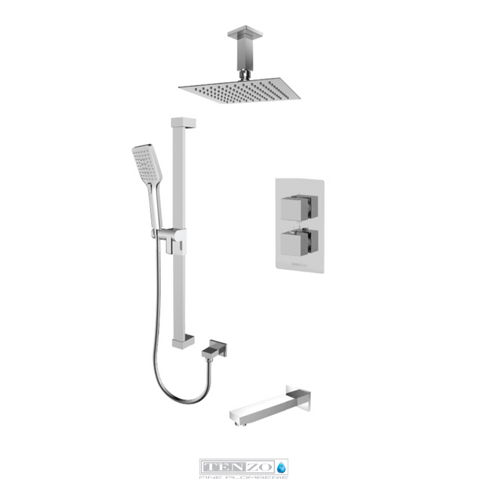 Tenzo Slik 3 Way Thermostatic Tub and Shower System with Ceiling Arm